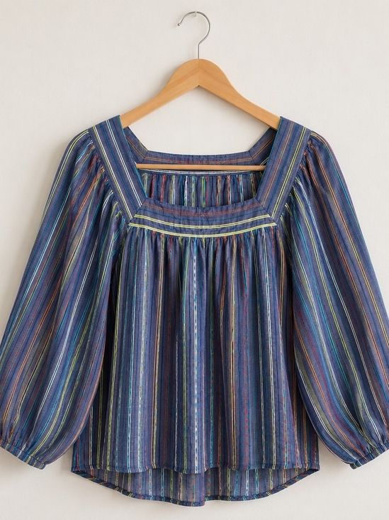 retrology Tops - Boho Striped Peasant Blouse Blue Square Neck Puff Sleeve Top Woman's